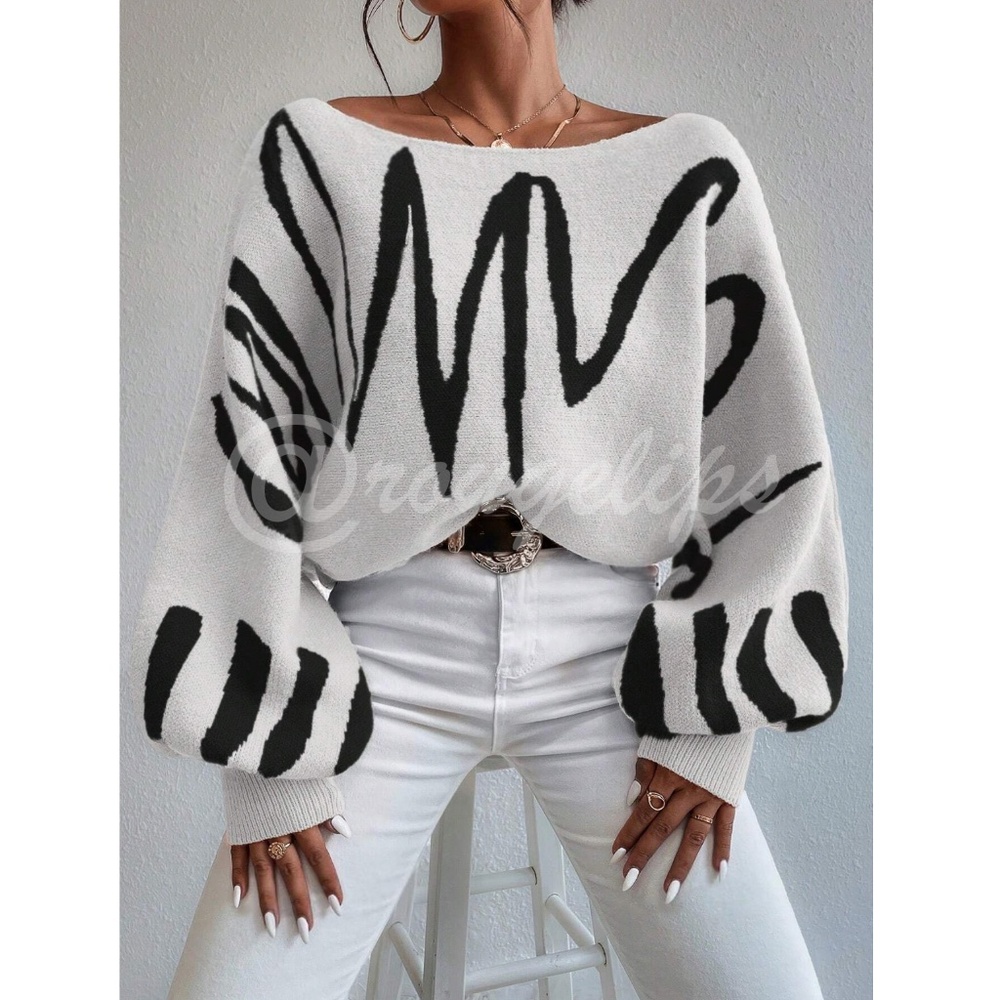 Knit Graphic Pullover Sweater Bishop Sleeve Stretchy Boat Neck - Picture 2 of 8